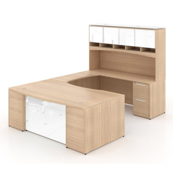 72"W Bow Front Desk with Box/Box/File Pedestal, 42" Curved Bridge, 72"W Credenza with File/File Pedestal, and 72" Overhead Hutch with Glass Doors