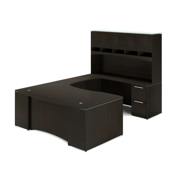 72"W Bow Front Desk with Box/Box/File Pedestal, 42" Curved Bridge, 72"W Credenza with File/File Pedestal, and 72" Overhead Hutch with Laminate Doors