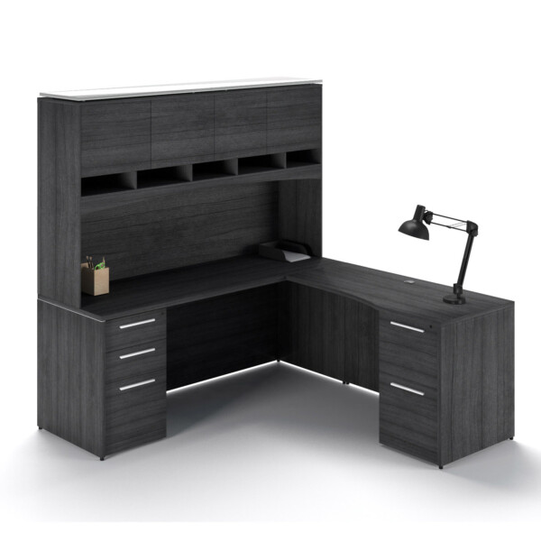 72"W Desk with File/File Pedestal, Overhead Hutch with Laminate Doors, and 42" Angled Return with Box/Box/File Pedestal