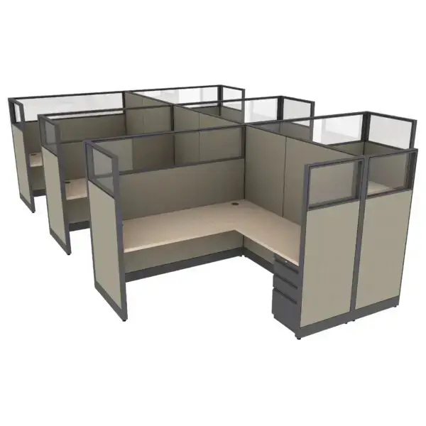 6′ x 6′ L-Shaped Cubicle Workstation 65″H Panel with Framed Glass on Wing Panels