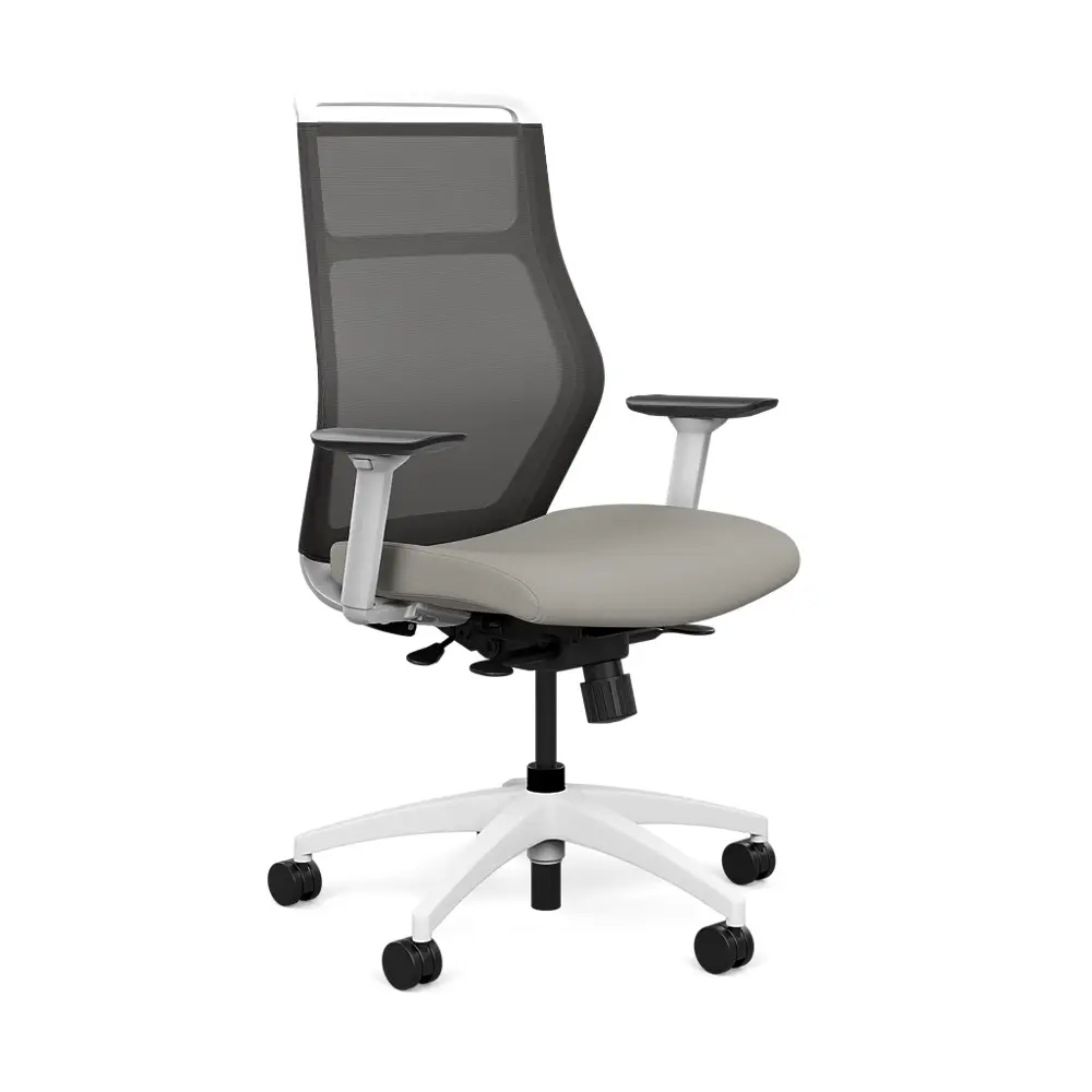 SitOnIt Hexy Task Chair shown with a Nickel Mesh back and a Fog fabric seat.